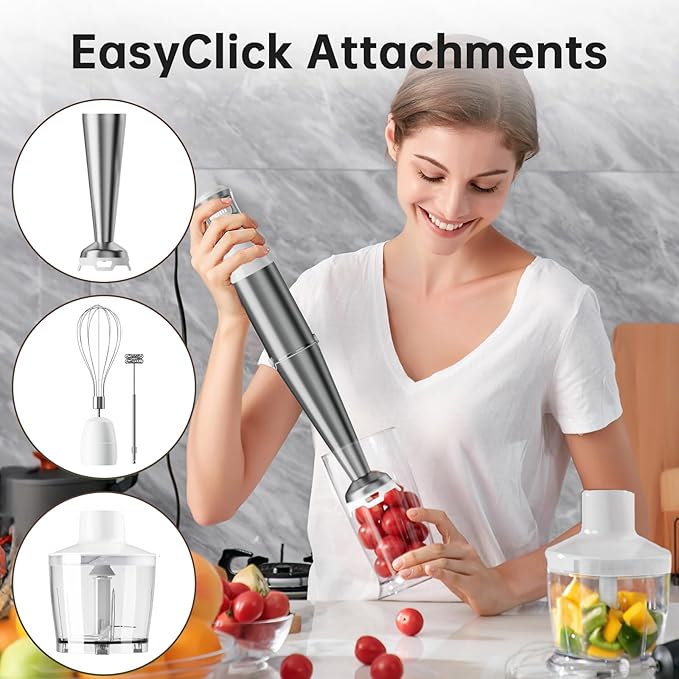 Immersion Blender Handheld Corded Hand Blenders Set 1100W, Trigger Variable Speed 5 in 1 Stick Emulsifier with Chopper, Whisk and Frother for Soup, Baby Food and Smoothies, White，Case