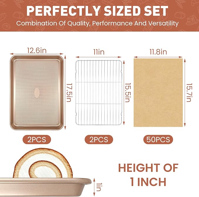 2 Pack 17'' Baking Sheet Set with Rack and Parchment Paper (2 Pans + 2 Racks + 50 Papers), Non-Stick Cookie Sheet with Food Cooling Rack, Heavy Duty & Warp Resistant, Large Baking Pan
