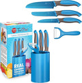 5-Piece Kids Knife Set | Real Stainless Steel Cooking Knives with Peeler, Serrated Blade & Storage Stand | Safe, Easy-Grip Design – Fun Junior Chef Set for Boys & Girls (5 pcs, Blue)
