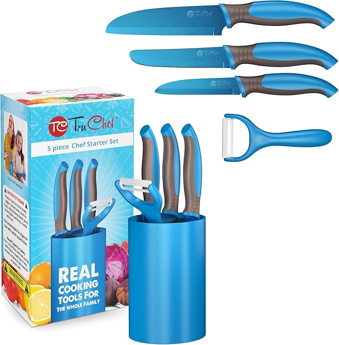 5-Piece Kids Knife Set | Real Stainless Steel Cooking Knives with Peeler, Serrated Blade & Storage Stand | Safe, Easy-Grip Design – Fun Junior Chef Set for Boys & Girls (5 pcs, Blue)