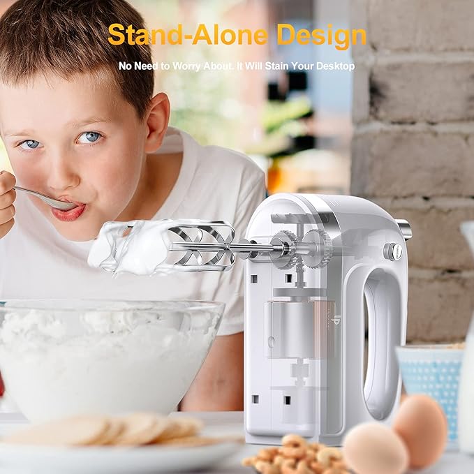 Hand Mixer Electric, 400W Food Mixer 5 Speeds Handheld Blender, 5 Stainless Steel Accessories, Storage Box, Kitchen Blender with Cord for Cream, Cookies, Dishwasher Safe, White