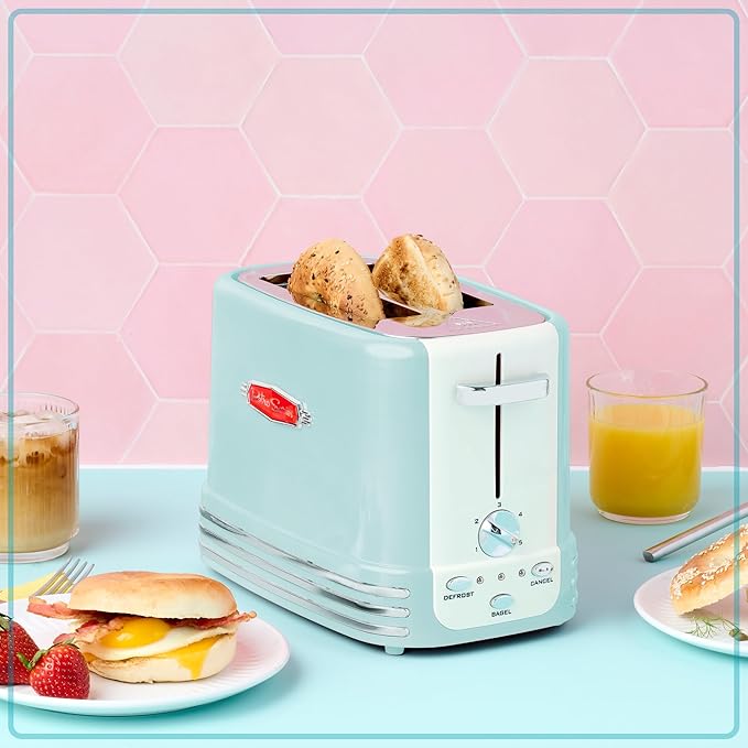 Nostalgia New and Improved Wide 2-Slice Toaster Perfect For Bread, English Muffins, Bagels, 5 Browning Levels, With Crumb Tray & Cord Storage, Aqua