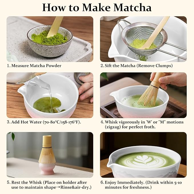 7PCs Pink Matcha Whisk Set Traditional Japanese Matcha Kit with Whisk and Bowl Matcha Making Accessories Bamboo Chasen Tea Spoon Holder Sifter Tea Towel Ceremony Macha Tea Set for Beginners