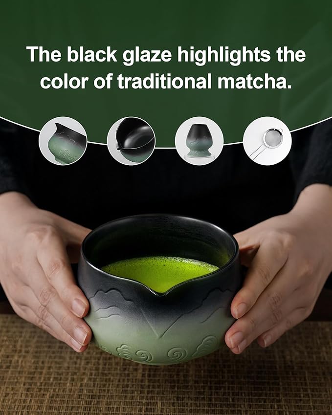 ZENS Matcha Whisk Set, 15oz Ceramic Matcha Set with Bowl and Bamboo Whisk, Scoop, (Chasen Holder) -Tea Towel, 5pcs Matcha Kit for Matcha Lovers, Sage Green
