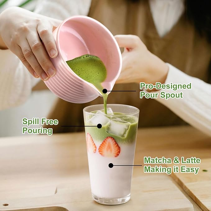 Matcha Whisk Set, 8Pcs Pink Matcha Kit Tea Set with Ceramic Bowl and Whisk Holder, Bamboo Scoop, Sifter, Perfect for Matcha Starter, Cute Matcha Powder Kit, Top Gifts for Women, Friends, Birthday