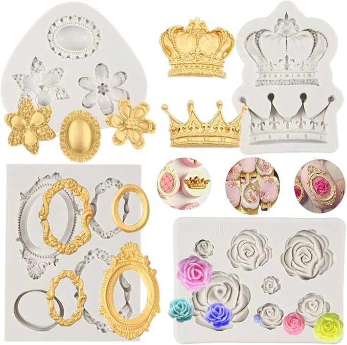 Vintage Picture Frame Fondant Mold Baroque Style Crown Rose Flower Silicone Mold for Chocolate Sugarcraft Cupcake Topper Jewelry Polymer Clay Crafting Projects