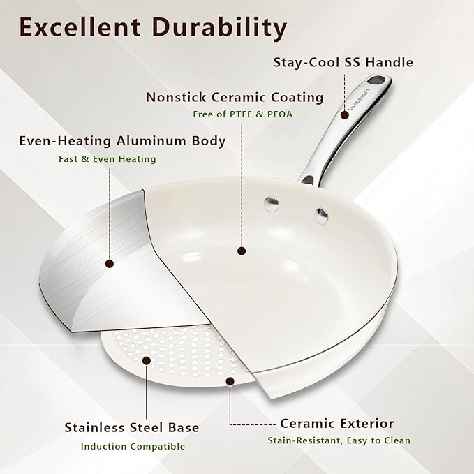 11" Ceramic Frying Pan Nonstick, Skillet, Cooking Pan Non Toxic with Stay Cool Handle for Induction, Chef's Pan, PTFE & PFAS & PFOA Free, Dishwasher/Oven Safe, White