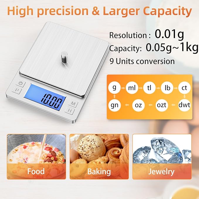 BOMATA 0.01g Small Digital Gram Scale, USB Rechargeable, Upgraded 1kg Jewelry Scale with Larger Display and Hold Function, High Precision, Grams and oz for Herb, Coin, Powder, Gold, Yeast, Kitchen