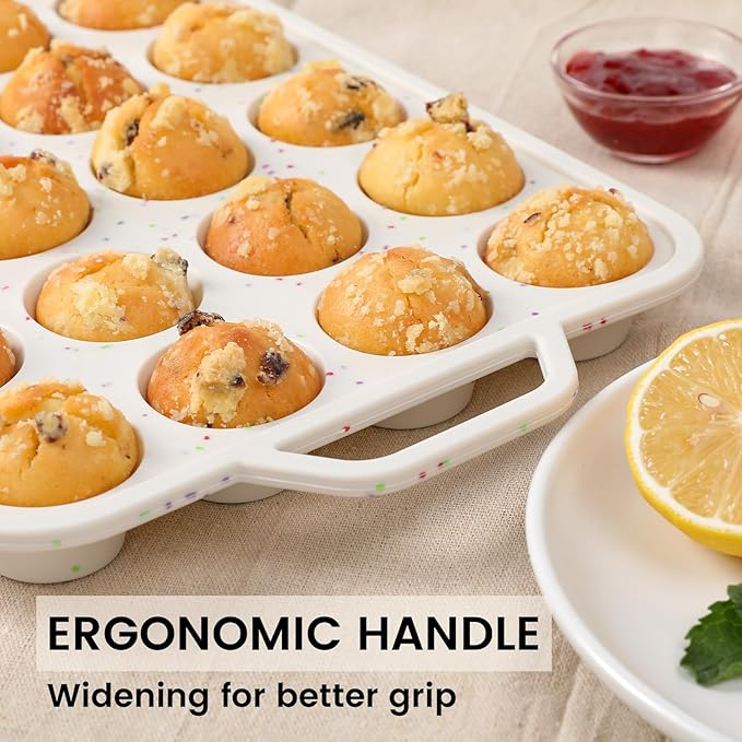 Vinino Mini Muffin Pan with Metal Reinforced Frame-2Pack, Silicone Cupcake Pan for Baking 24 Cup Mini Size, BPA Free Silicone Muffin Tray, Cupcake Baking Pan Molds for Oven Dishwasher Safe - Cream