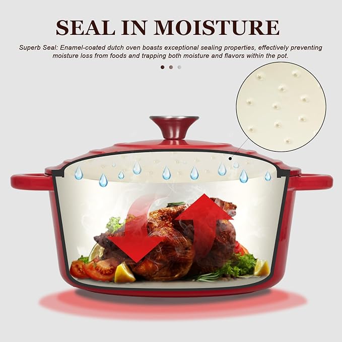 Overmont Enameled Cast Iron Dutch Oven - 4.5QT Pot with Lid Cookbook & Cotton Potholders - Heavy-Duty Cookware for Braising, Stews, Roasting, Bread Baking red