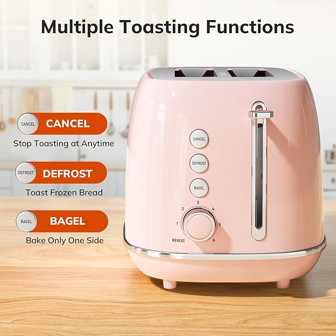Toaster 2 Slice Stainless Steel with 6 Bread Shade Settings, Bagel, Cancel, Defrost Function, 2 Slice Retro Toaster with Extra Wide Slot, Removable Crumb Tray, pink