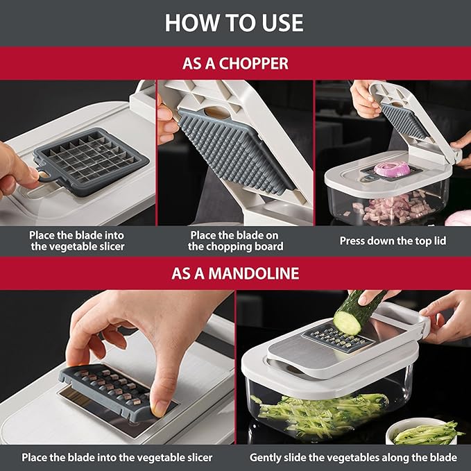 11-in-1 Mandoline Slicer for Kitchen, Food Chopper with Container, Vegetable Dicer Onion Slicer, Veggie Cutter for Fruit Salad Kitchen Gadgets Essential Tools (Grey)