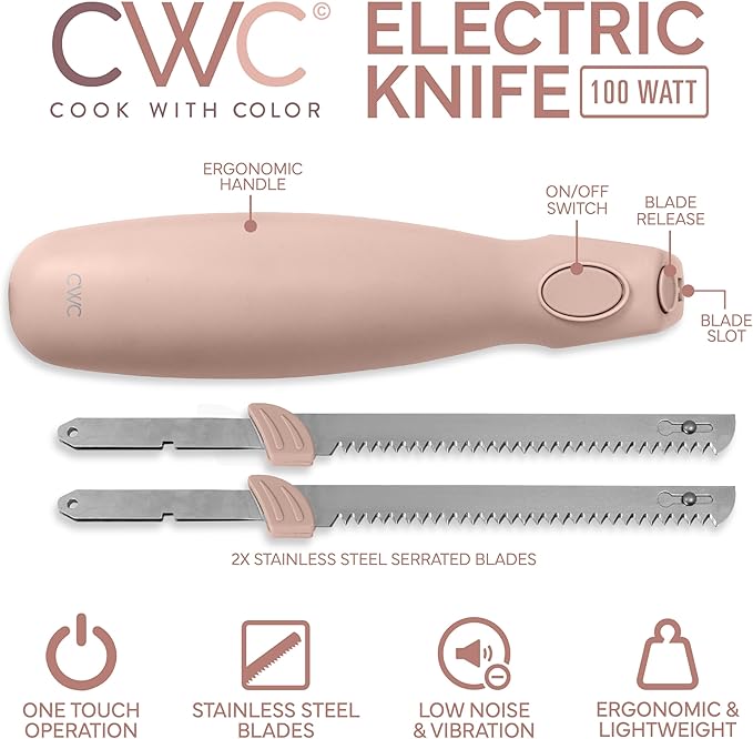 COOK WITH COLOR Electric Knife, 100W Power, Dual Stainless Steel Blades for Precise Cutting, Ergonomic Handle, Low Noise and Vibration, Ideal for Bread, Meat, and Vegetables, Blush