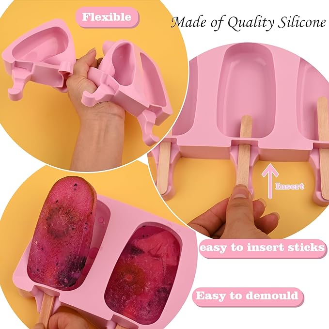 WMKGG Popsicle Silicone Molds Set, 2 PCS Ice Cream Molds with 50 Wooden Sticks for Cake Pop, Ice Pop, Cakesicles (Standard Size/Pink)