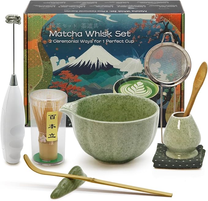 Matcha Whisk Set Incl. Ceramic Bowl With Spout, Whisk (Chasen), Stand, Bamboo Scoop, Sifter, Electric Frother, Tea Towel etc. 9 Pcs Matcha Making Starter Kit, Mottled Green