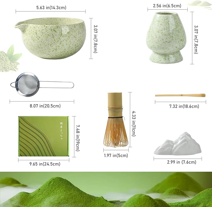Matcha Whisk Set, Ceramic Matcha Set with Spout, Matcha Bowl Kit with Sifter, Whisk and Holder, Bamboo Scoop, Scoop Rest, Tea Towel, 7 Pcs Matcha Kit Set for Making Breakfast/Latte for Matcha Lovers