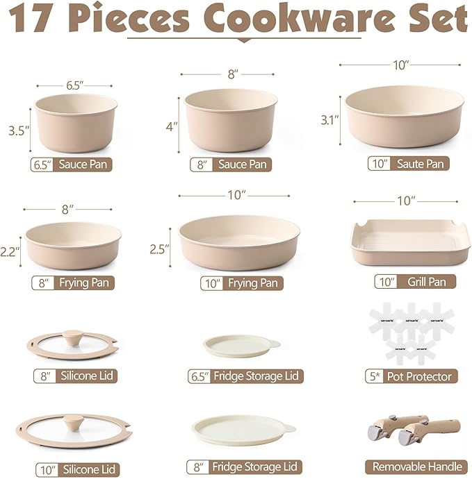 SENSARTE 17 Piece Ceramic Pots and Pans Set, Nonstick Detachable Handle Cookware, Induction Kitchen Cookware Set with Removable Handle, Dishwasher ＆ Oven Safe (Almond Beige)