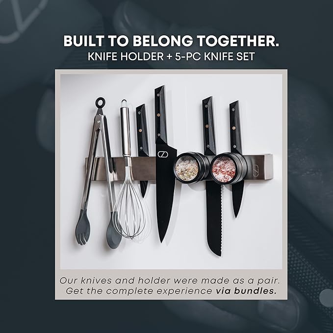16" Adhesive Magnetic Knife Holder for Wall (No Drill) with 2x Storage - Safe, Patented Storage Design - Stainless Steel Magnet Knife Holder Strip - Magnetic Kitchen Organizer, Tool Storage