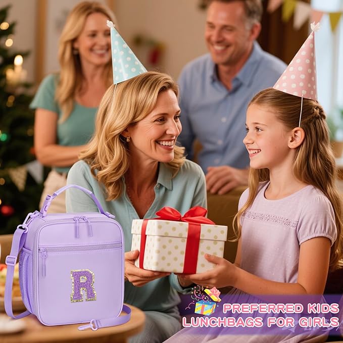 Initial Insulated Lunch Bag for Girls Kids, Back to School Gift, Reusable Leak-proof Lunch Box with Adjustable Strap for School Daycare Travel Picnic (Purple,R)