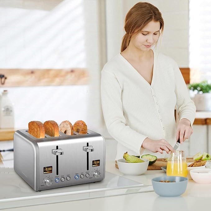 SEEDEEM 4 Slice Stainless Toaster - Color LCD Display, 7 Shade Settings, 1.5'' Wide Slots with Bagel/Defrost/Reheat Functions, Removable Crumb Tray, Silver Metallic, 1800W