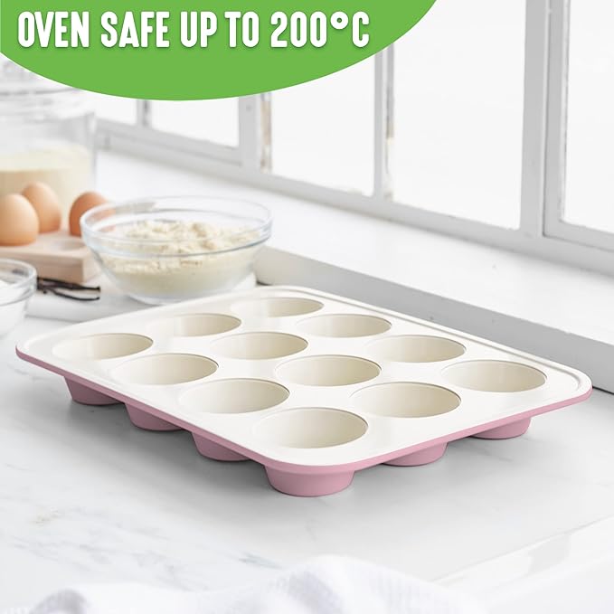 GreenLife 12-Cup Muffin Pan, Healthy Ceramic Nonstick Bakeware, PFOA & PFAS-Free Cupcake Sheet, Durable, Versatile Kitchen Essentials, Easy Clean Muffin Mold, Pink