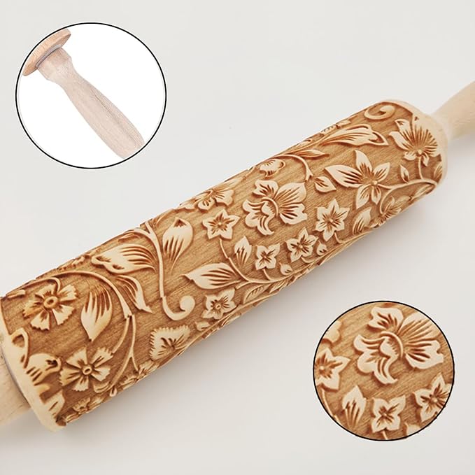 Embossed Rolling Pin 2 Pack, Wooden Non Stick Rolling Pin for Baking with Pattern Designs, French Pastry Dough Roller for Cookies, Pie Crust, Fondant, Kitchen Baking Tools Supplies Set (2 Piece)