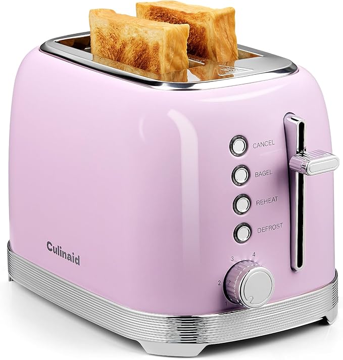 Toaster 2 Slice Retro Stainless Steel with 1.5” Extra Wide Slots Bagel, Defrost, Reheat, Cancel Functions, 6 Bread Shade Settings, Removable Crumb Tray, Purplish Pink