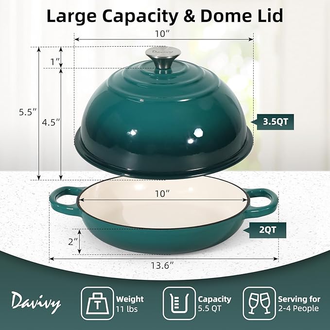 Davivy 5.5QT Enameled Cast Iron Dutch Oven with Lid, Dutch Oven for Sourdough Bread, 10" Round Sourdough Bread Oven, Bread Cloche for Bread Baking, with Silicone Baking Mat - Gradient Teal