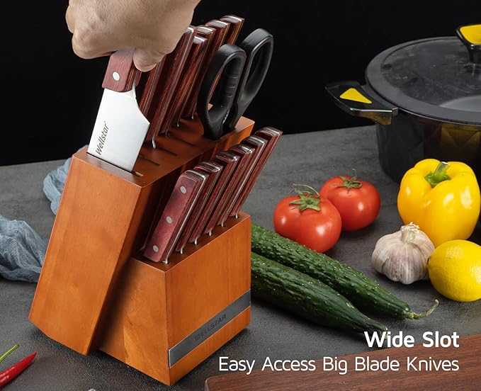 14 Slot Kitchen Knives Block, WELLSTAR Natural Wood Knife Holder without Knives – Hard Wood Countertop Knife Storage – Brown