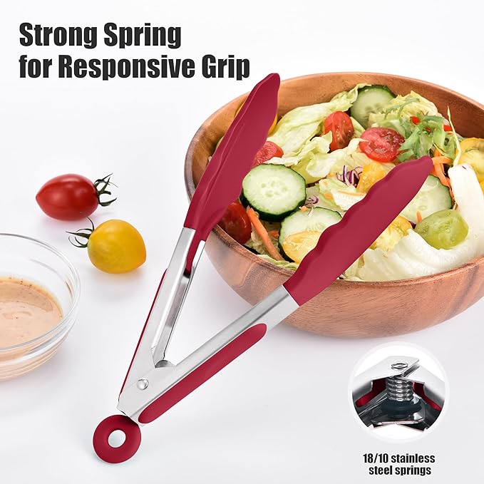 Doosu Kitchen Tongs for Cooking - 600°F Heat Resistant Food Tong with Non-Scratch Silicone Tips, Heavy Duty Stainless Steel Locking Tong for BBQ, Grilling Steak, Serving Salad, Pasta (7in, Red)