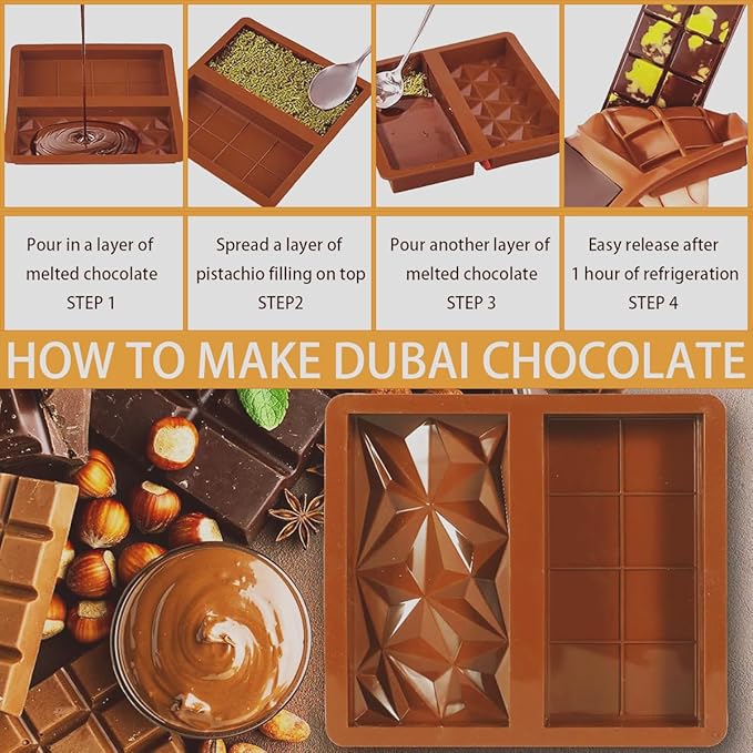 Dubai Chocolate Molds Silicone, 1 Inch Deep Chocolate Bar Mold for Candy Bar，Desserts，Homemade Snack Baking Mold - Set of 1