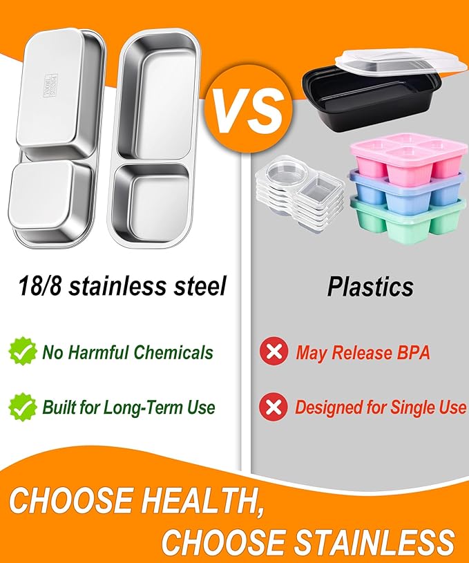 5 Pack Stainless Steel Snack Containers for Kids & Adults - Leek Proof Metal Bento Lunch Box with 2 Compartment - Lunchable Containers for Daycare, School, Work, Travel - Stackable Snack Bento Box