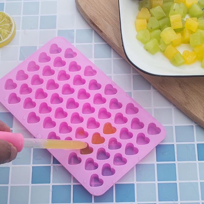 3 Pack Mini Silicone Gummy Candy Chocolate Molds Contains Small Hearts, Fruits, Marine Animal Shapes and 2 Droppers for Making Gummy, Candy, Chocolate and Small Ice Cubes