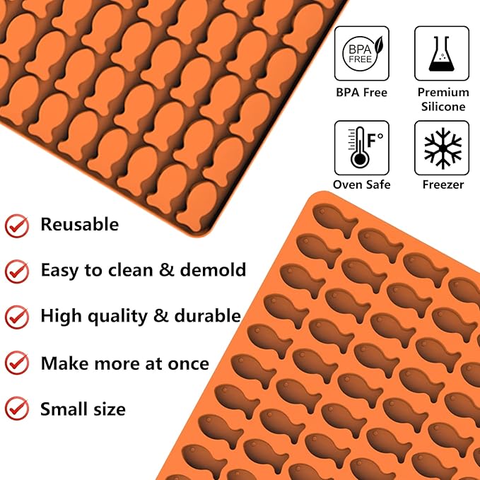 Cat Treat Molds, 112 Cavities Mini Fish Shape Silicone Mold for Baking Pet Treats/Biscuits/Snacks for Cat, Dog or Kids as Awards, Food-Grade Fish Mold for Candy/Chocolate (with a Scraper)