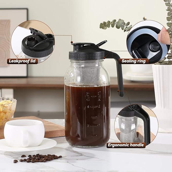 Cold Brew Coffee Maker Pitcher 64-ounce Glass Wide Mouth Mason Jar with Stainless Steel Filter and Pour Spout Handle Lid (Black, 64Ounce)
