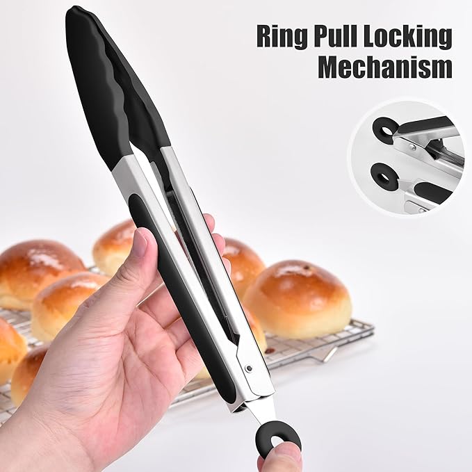 Doosu Kitchen Tongs for Cooking - 600°F Heat Resistant Food Tong Set with Non-Scratch Silicone Tips, Heavy Duty Stainless Steel Locking Tong for BBQ, Grilling Steak, Serving Salad (7+9+12in, Black)