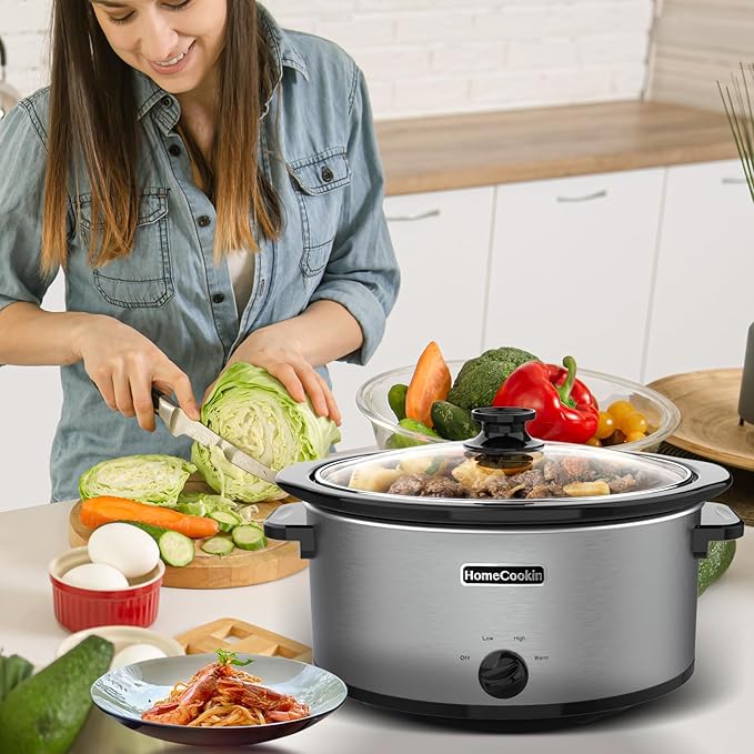 HOMECOOKIN 7 Quart Slow Cooker Oval Manual Pot Food Warmer with 3 Cooking Settings, Stainless Steel