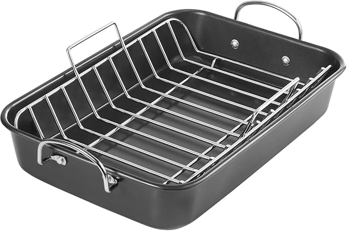 KITESSENSU Nonstick Roasting Pan with Rack 15 x 11 inch - Turkey Roaster Pan for Ovens - Wider Handles & Heavy Duty Construction, Gray