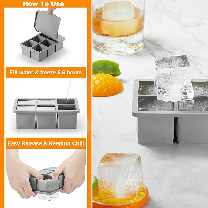 Nax Caki 3 Pack Silicone Large Ice Cube Tray with Lid, Stackable Big Silicone Square Ice Cube Mold for Whiskey Cocktails Bourbon Soups Frozen Treats, BPA Free-3 Color
