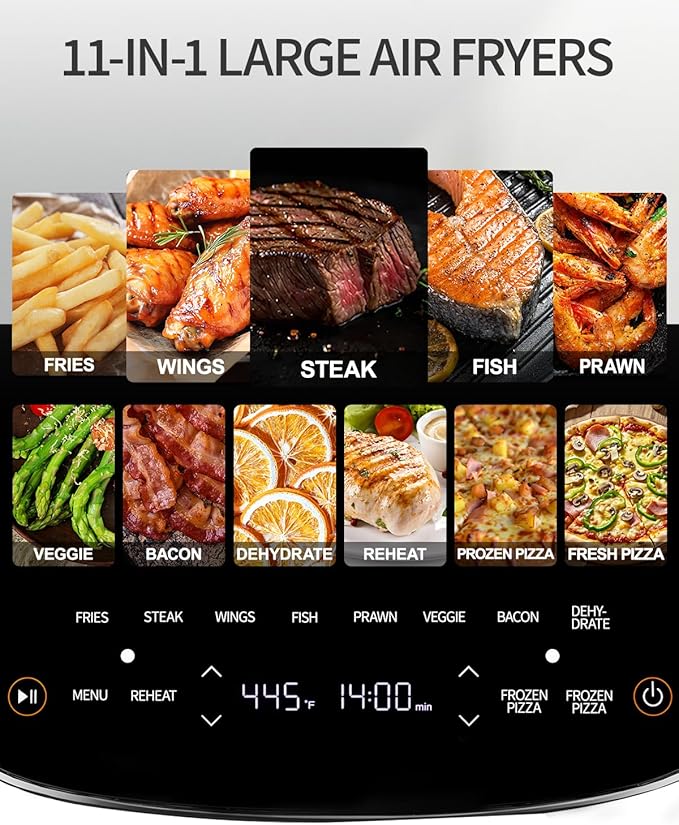 Extra Large Air Fryer,11-IN-1 6 QT 450F Air Fryer with Superior Airflow, Dual Heat Source Technology, Smart Digital Wide Fryer with Basket, Fits a 12" Pizza or 33 Chicken Wings
