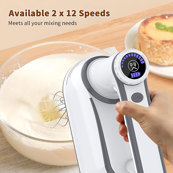Cordless Electric Hand Mixer: 12 Speeds Powerful Handheld Mixer with 6 Stainless Steel Attachments (2 Beaters, 2 Dough Hooks, 2 Whisks), Snap-On Storage Case & Eject Button (White)