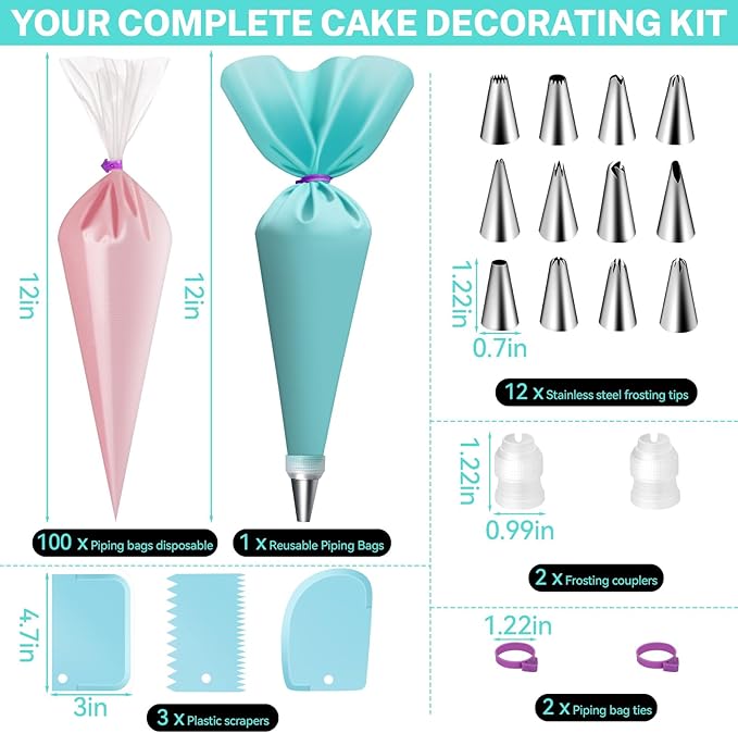 HOTEC Piping Bags and Tips Set, 120 Pcs Cake Decorating Kit with 100pcs 12 Inch Disposable Pastry Bags, 1 Reusable Piping Bags, 12 Piping Tips, 3 Cake Scraper, 2 Couplers, 2 Bag Ties, Baking Supplies