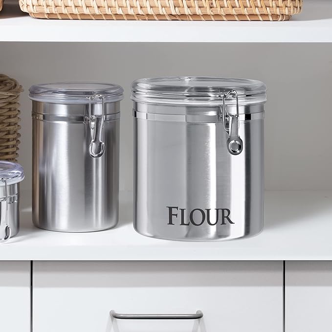 OGGI Stainless Steel Canister 62oz - Airtight Clamp Lid, Clear See-Thru Top. Large Size 5" x 7.5" & Jumbo 8" Stainless Steel Flour Clamp Canister - Airtight Food Storage Container Ideal, Dry Foods