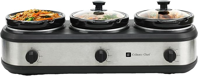 CULINARY CHEF, Triple Slow Cooker, Buffet Server 3 Pot, Food Warmer - Stainless
