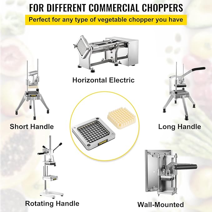 VEVOR Replacement Chopper Blade, 3/8 inch, 3 PCS French Fry Blade Assembly with 6 Extra Knives, Stainless Steel Dicer Parts and Push Block for Cutting Potatoes Carrots Onions Cucumbers Mushrooms