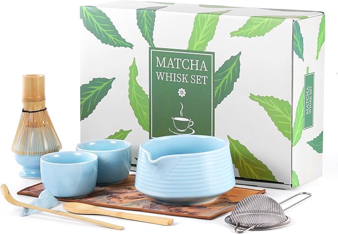 HELPLX Matcha Whisk Set 10-Piece Japanese Matcha Kit with BowlWhisk & Holder2 Tea CupsBamboo ScoopSpoonSifterScoop Rest & Tea Towel – Blue Matcha Tea Set for Ceremony or Daily Use