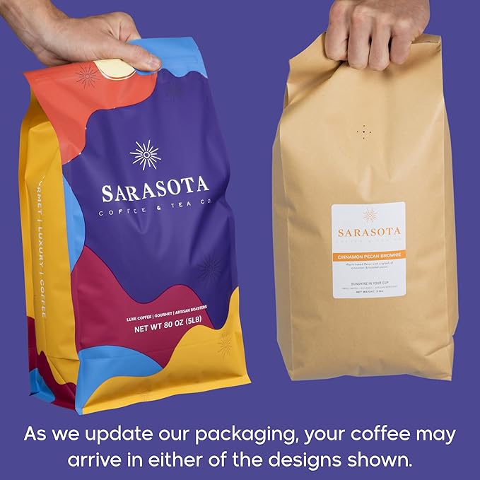 Sarasota Coffee Ground Cinnamon Pecan Brownie | Medium Roast Gourmet Flavored Coffee Grounds | Low Acid, Mold Free, Specialty Grade Flavored Bulk Ground | 5lb (80 oz)