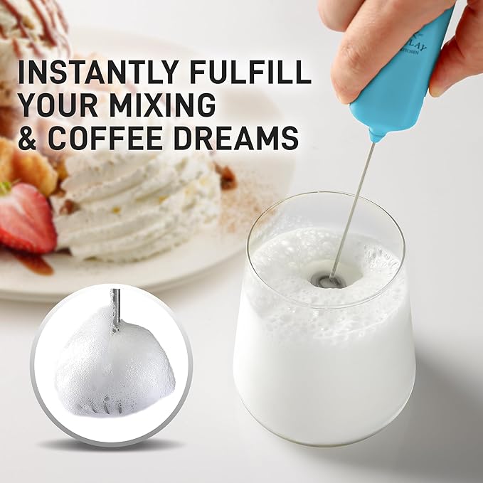 Mini & Mighty Milk Frother Wand – Powerful Handheld Coffee Frother, Battery Operated Drink Mixer – Compact Pocket Size – Detachable Whisk for Latte, Cappuccino, Matcha, Hot Chocolate – Sky Blue
