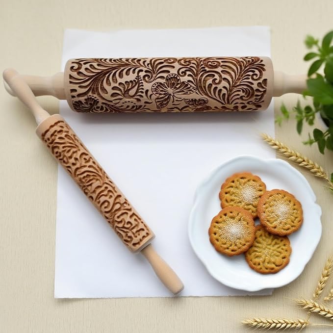 Embossed Rolling Pin 2 Pack, Wooden Non Stick Rolling Pin for Baking with Pattern Designs, French Pastry Dough Roller for Cookies, Pie Crust, Fondant, Kitchen Baking Tools Supplies Set (2 Piece)