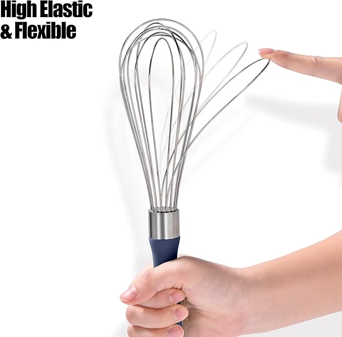 18/8 Stainless Steel Balloon Whisk, Doosu Kitchen Whisk for Cooking Handheld Egg Beater with Rust-Proof Sturdy Wires & Non-Slip Silicone Handle for Beating, Stirring, Blending (8 Wires, Navy Blue)